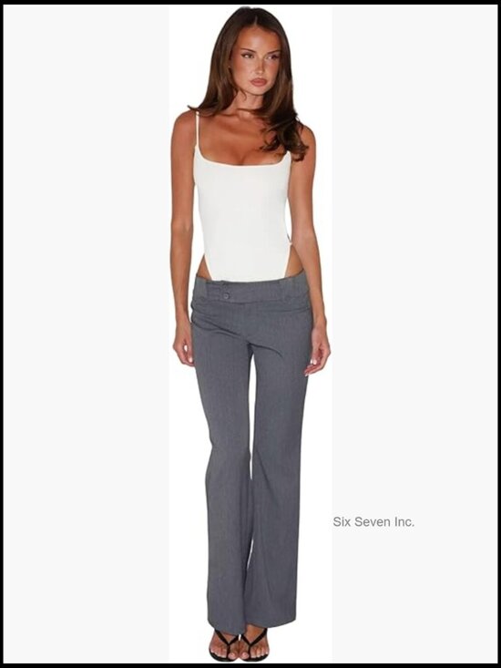 Pants - Low-Rise Trousers with Buttoned Waistband and Flare Leg